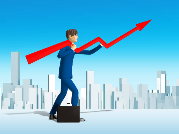 CPO in a blue suit holding a rising red arrow, symbolizing business growth, against a backdrop of a city skyline